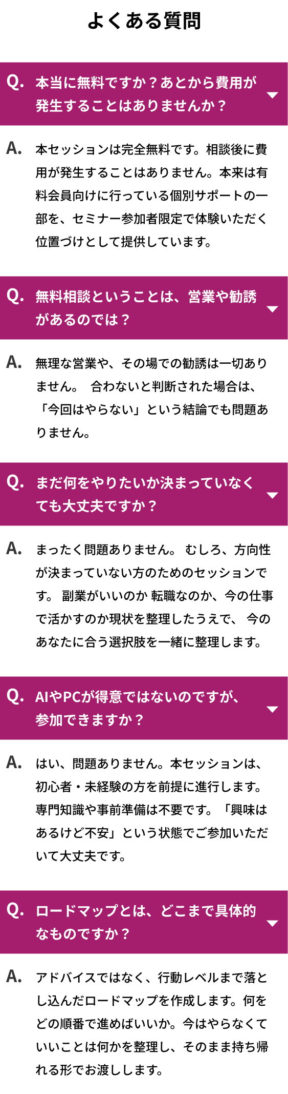 よくあるご質問。費用、営業や勧誘、相談内容、初心者の参加、ロードマップについて。